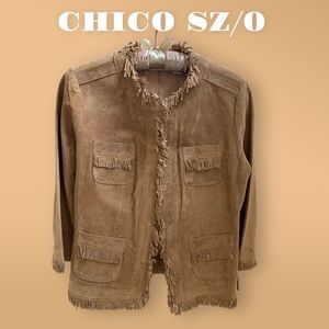 Chico’s size 0 suede tan fringed jacket .  So perfect not too heavy.